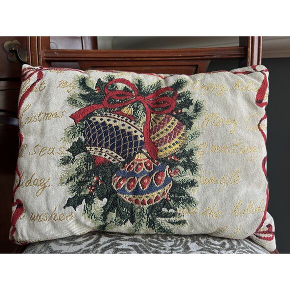 Christmas Ornaments Tapestry Pillow 16"x11" Red Ivory Holiday Festive - Picture 1 of 5